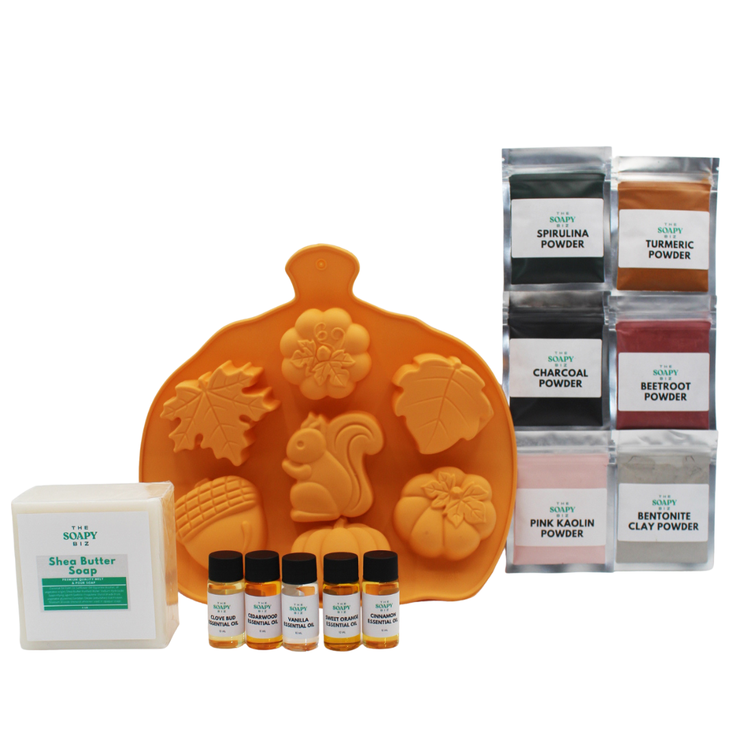 Autumn Soap Making Kit with Shea Butter, Goat’s Milk, or Hemp Soap Base, Essential Oils, Powders & Pumpkin Mold