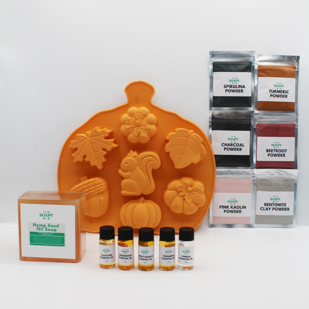 Autumn Soap Making Kit with Shea Butter, Goat’s Milk, or Hemp Soap Base, Essential Oils, Powders & Pumpkin Mold