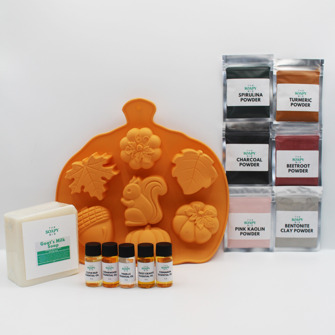 Autumn Soap Making Kit with Shea Butter, Goat’s Milk, or Hemp Soap Base, Essential Oils, Powders & Pumpkin Mold