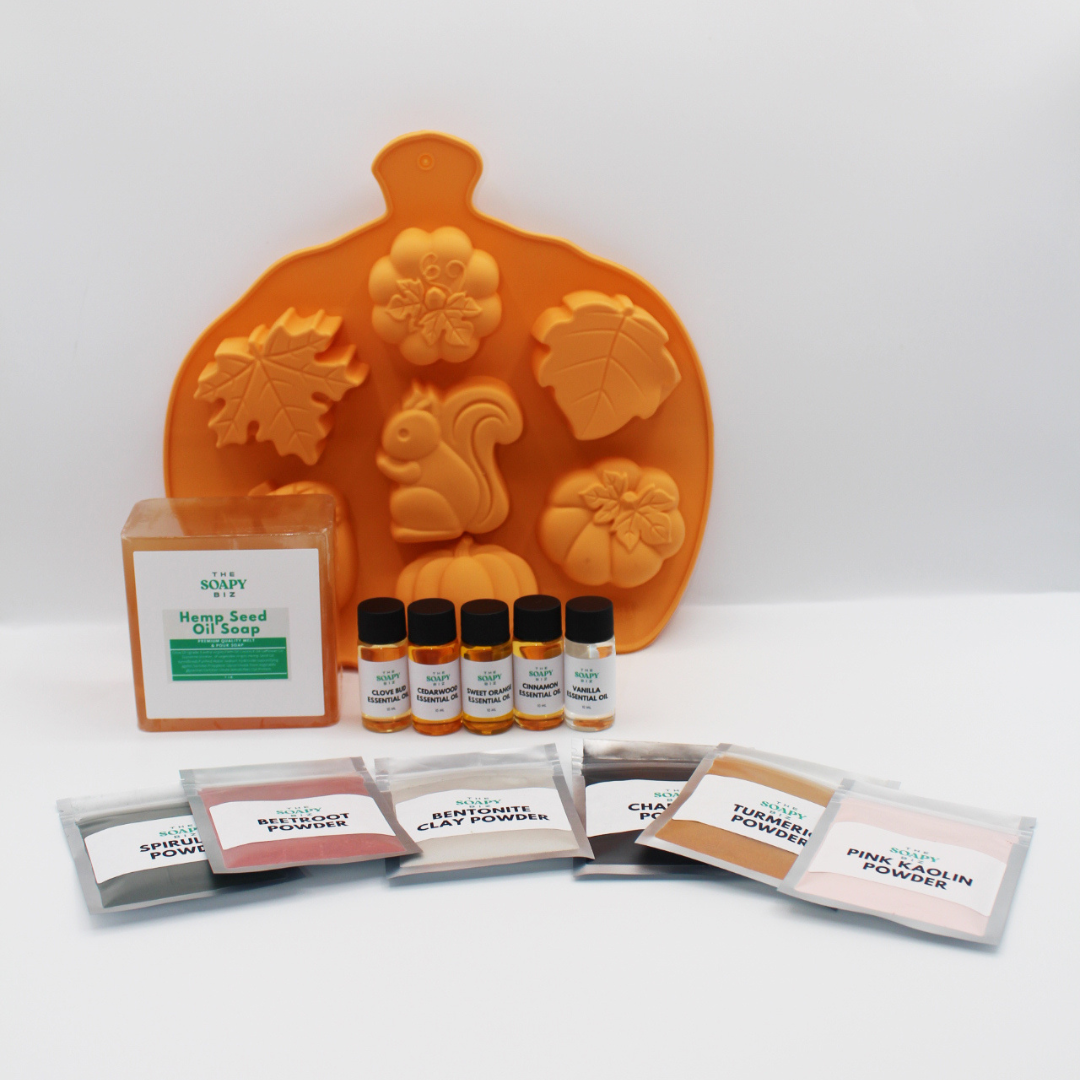 Autumn Soap Making Kit with Shea Butter, Goat’s Milk, or Hemp Soap Base, Essential Oils, Powders & Pumpkin Mold