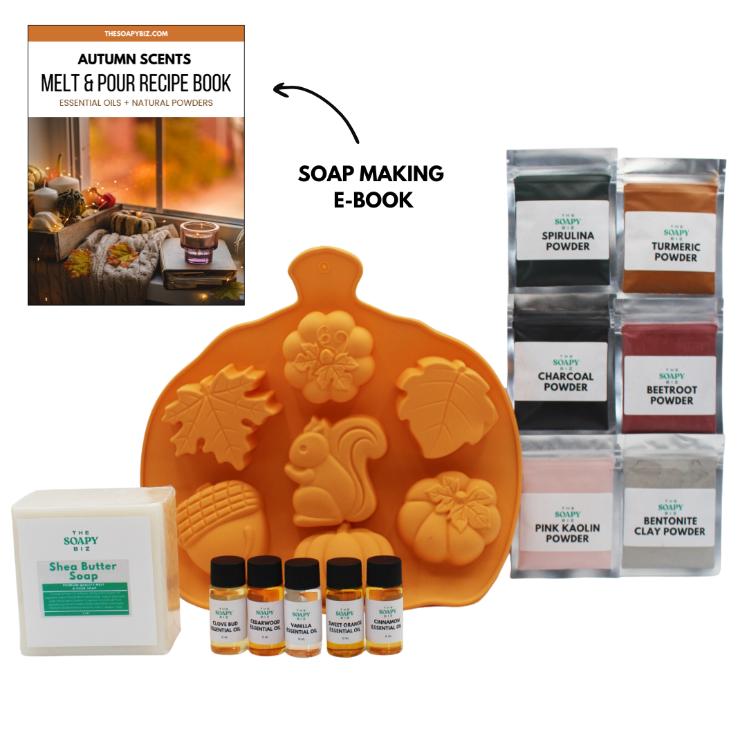 Autumn Soap Making Kit with Shea Butter, Goat’s Milk, or Hemp Soap Base, Essential Oils, Powders & Pumpkin Mold