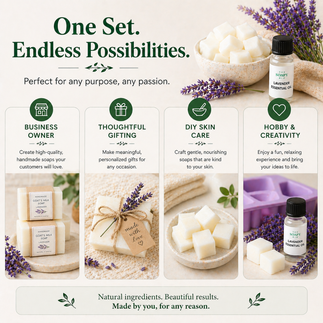 Goat’s Milk Soap Base Set with Lavender Essential Oil – DIY Melt & Pour Soap Making Bundle for Beginners