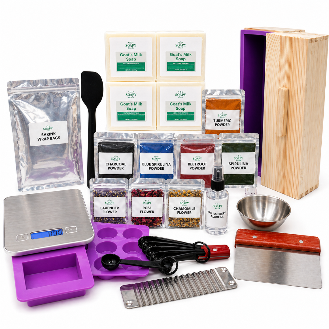 35-Piece Ultimate Soap Making Kit with Goat’s Milk Soap Base, Soap Powders, Botanicals, Silicone Molds & Soap Cutter – DIY Melt & Pour Soap Kit for Beginners