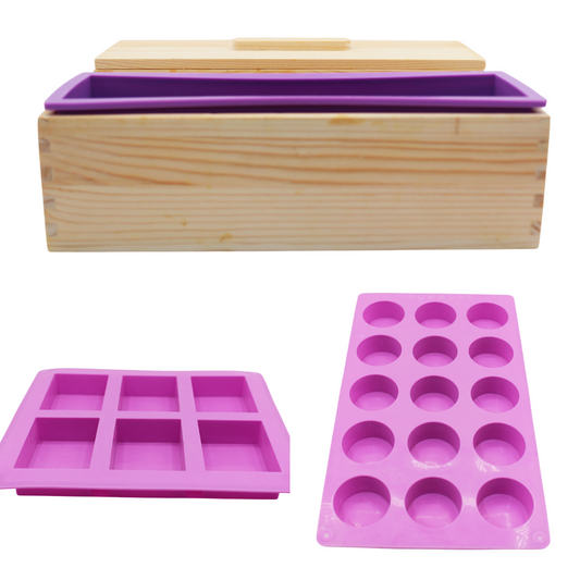 Shape & Pour – 3-Piece Soap Mold Set with Wooden Loaf, Rectangle & Circle Molds