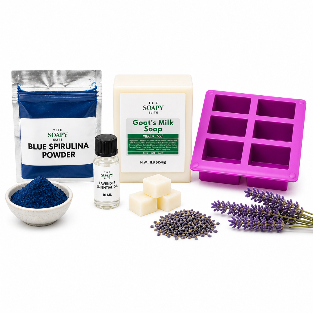 Blue Spirulina & Lavender Soap Making Kit with Goat’s Milk Soap Base, Lavender Essential Oil & Silicone Mold – DIY Melt & Pour Soap Kit for Beginners
