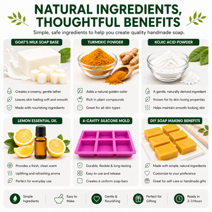Turmeric, Lemon Oil & Kojic Acid Soap Making Kit with Goat’s Milk Soap Base – DIY Melt & Pour Soap Kit for Beginners