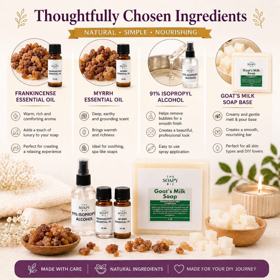 Myrrh & Frankincense Soap Making Kit with Goat’s Milk Soap Base & Essential Oils – DIY Melt & Pour Soap Kit for Beginners