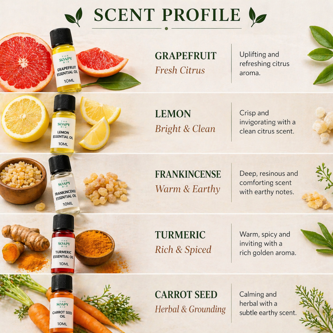 Even Skin – Essential Oil Kit for Soap Making with Grapefruit, Carrot Seed, Frankincense, Lemon & Turmeric