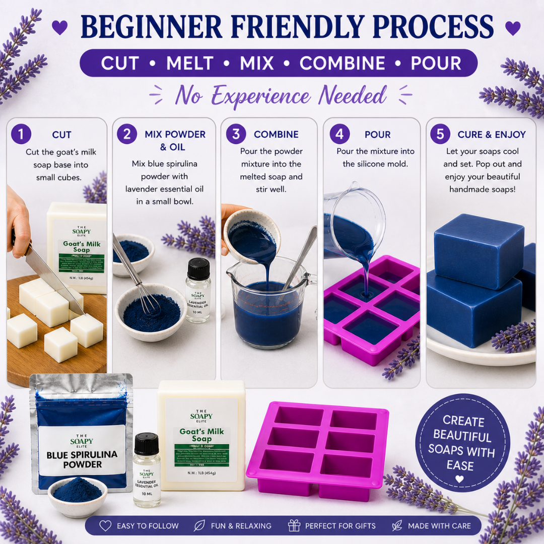Blue Spirulina & Lavender Soap Making Kit with Goat’s Milk Soap Base, Lavender Essential Oil & Silicone Mold – DIY Melt & Pour Soap Kit for Beginners