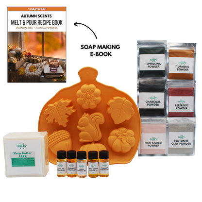 Autumn Soap Making Kit with Shea Butter, Goat’s Milk, or Hemp Soap Base, Essential Oils, Powders & Pumpkin Mold
