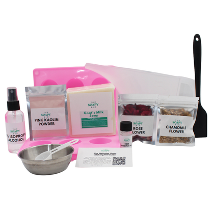Bloom & Glow Soap Making Kit – Goat Milk Base with Rose Petals, Chamomile Flowers & Pink Clay